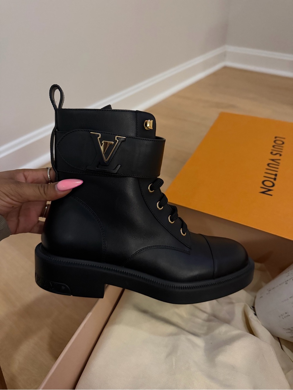 Louis Vuitton Black Leather Lace-Up Ankle Boot with Gold LV Accent